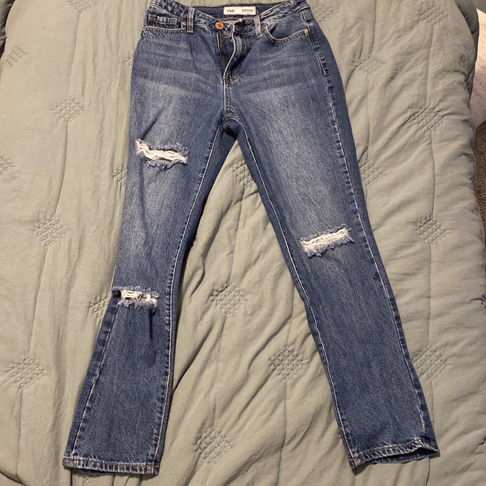 YMI Dark wash distressed jeans. Size 3 in juniors, great condition, mom jeans.